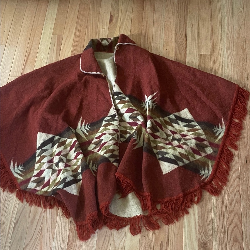Womens Poncho One Size Southwestern Fringe Rustic Red Geometric Aztec Cape